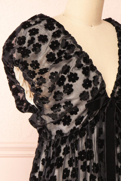 Mazarane Short Black Floral Velvet Dress | Boutique 1861 side close-up