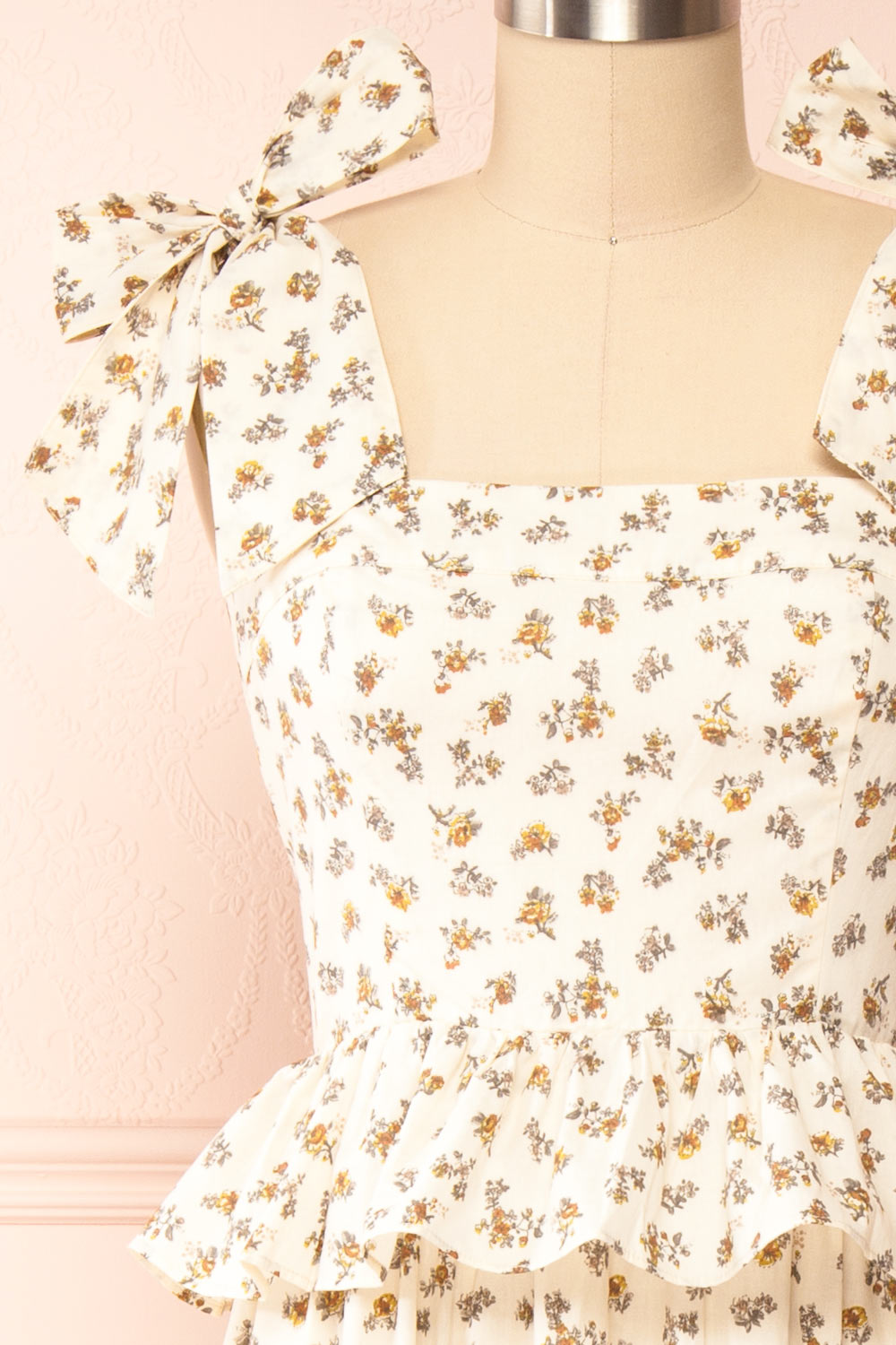 Mearas Midi Floral Dress w/ Ruffles | Boutique 1861 front close-up