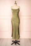 Meari Khaki Cowl Neck Satin Midi Dress | Boutique 1861 front view