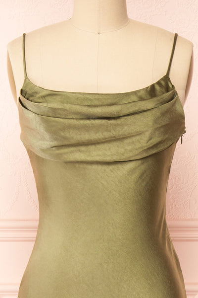Meari Khaki Cowl Neck Satin Midi Dress | Boutique 1861 front close-up