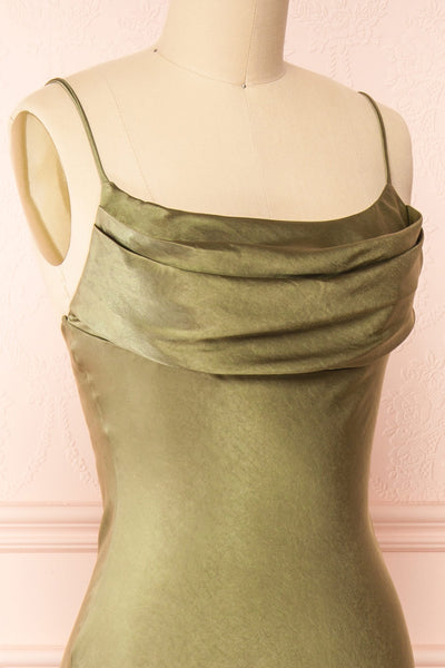Meari Khaki Cowl Neck Satin Midi Dress | Boutique 1861 side close-up
