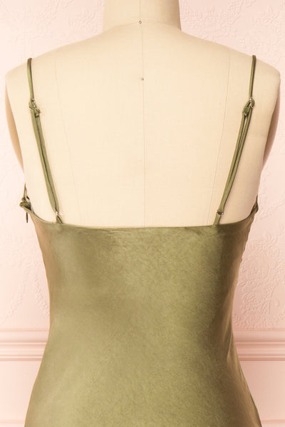 Meari Khaki Cowl Neck Satin Midi Dress | Boutique 1861 back close-up