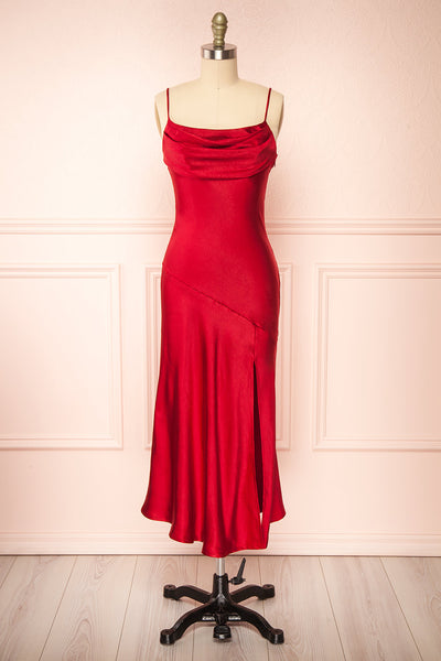 Meari Red Cowl Neck Satin Midi Dress | Boutique 1861 front view
