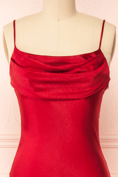 Meari Red Cowl Neck Satin Midi Dress | Boutique 1861 front close-up
