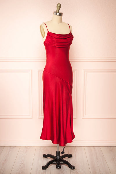 Meari Red Cowl Neck Satin Midi Dress | Boutique 1861 side view