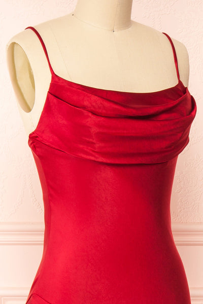 Meari Red Cowl Neck Satin Midi Dress | Boutique 1861 side close-up