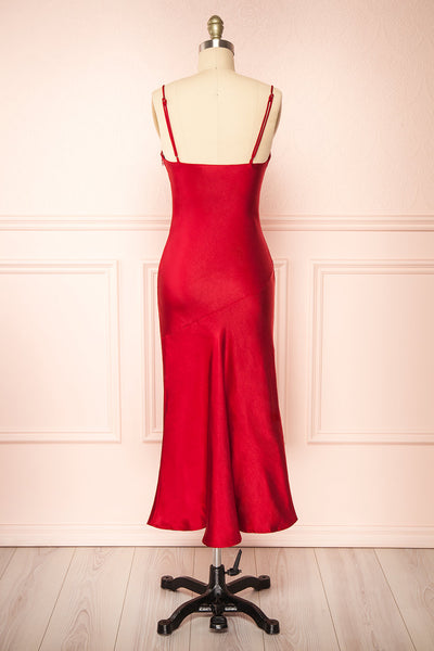 Meari Red Cowl Neck Satin Midi Dress | Boutique 1861 back view