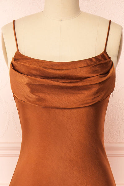 Meari Rust Cowl Neck Satin Midi Dress | Boutique 1861 front close-up