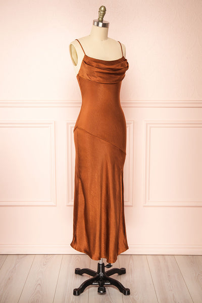 Meari Rust Cowl Neck Satin Midi Dress | Boutique 1861 side view