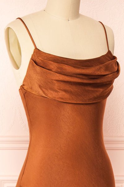Meari Rust Cowl Neck Satin Midi Dress | Boutique 1861 side close-up