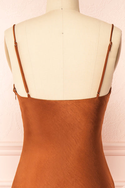 Meari Rust Cowl Neck Satin Midi Dress | Boutique 1861 back close-up