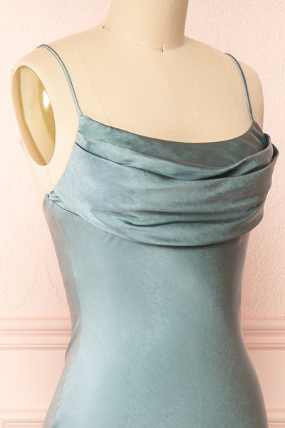 Meari Sage Cowl Neck Satin Midi Dress | Boutique 1861 side close-up