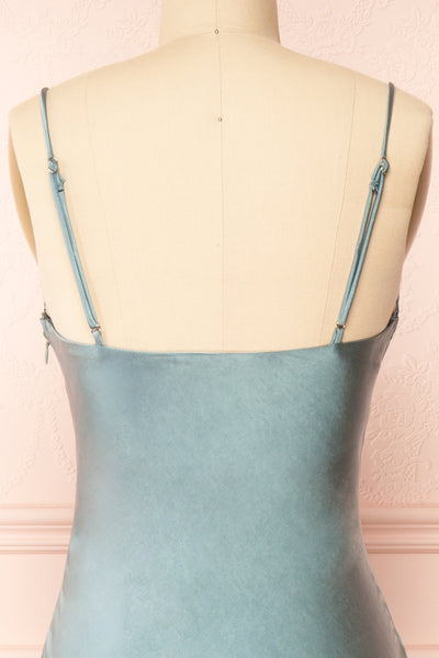 Meari Sage Cowl Neck Satin Midi Dress | Boutique 1861 back close-up