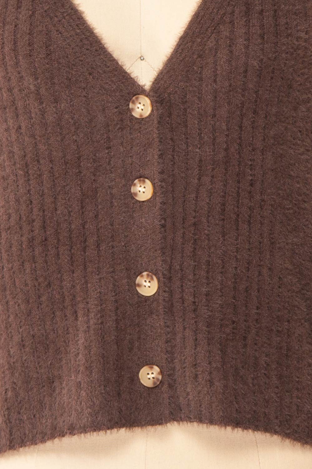 Meda Brown Cropped Fuzzy Cardigan | Boutique 1861 buttons close-up