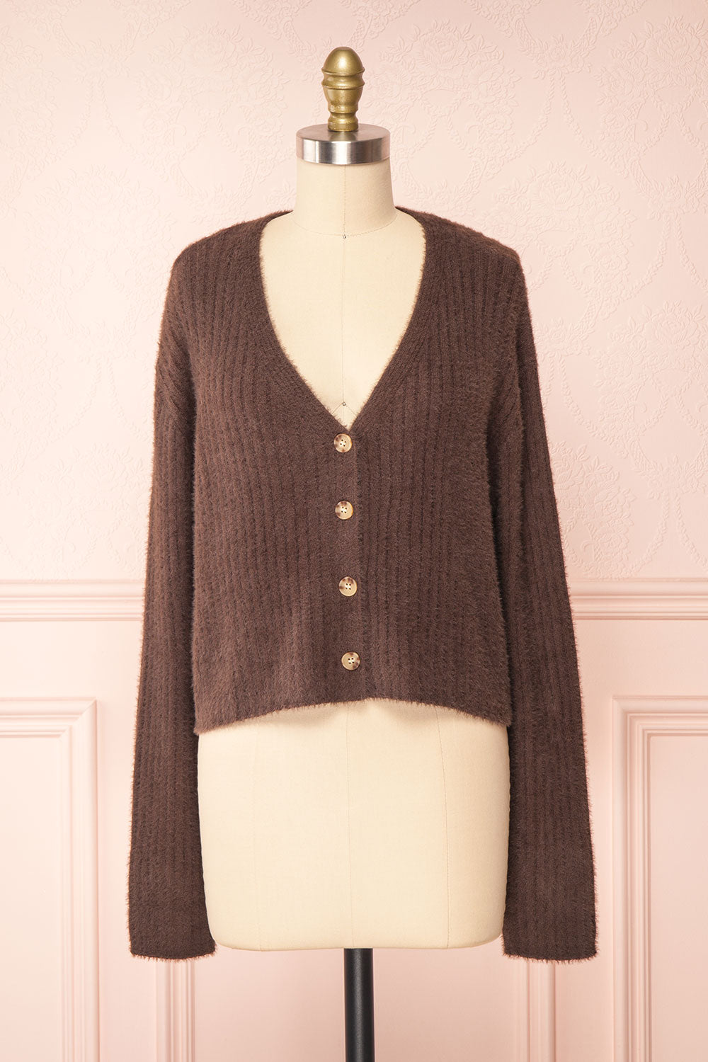 Meda Brown Cropped Fuzzy Cardigan | Boutique 1861Meda Brown Cropped Fuzzy Cardigan | Boutique 1861 front view