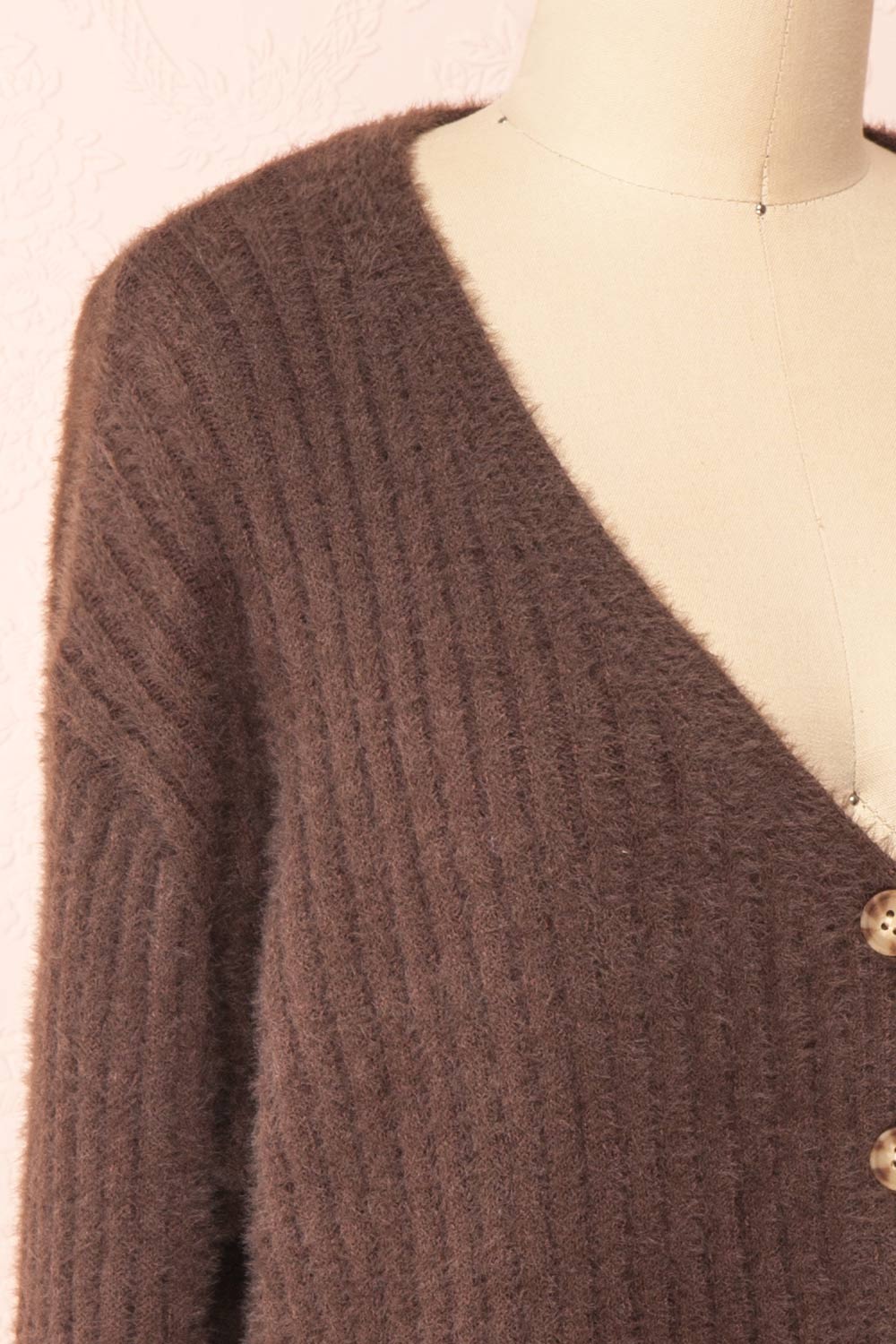 Meda Brown Cropped Fuzzy Cardigan | Boutique 1861 side close-up