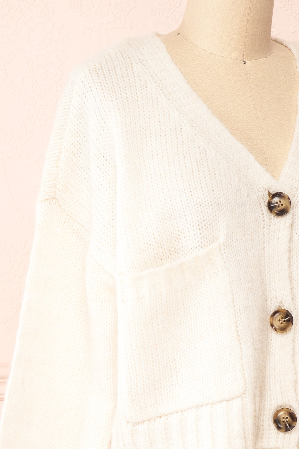 Medea Beige Cropped Knit Cardigan | Boutique 1861 side close-up