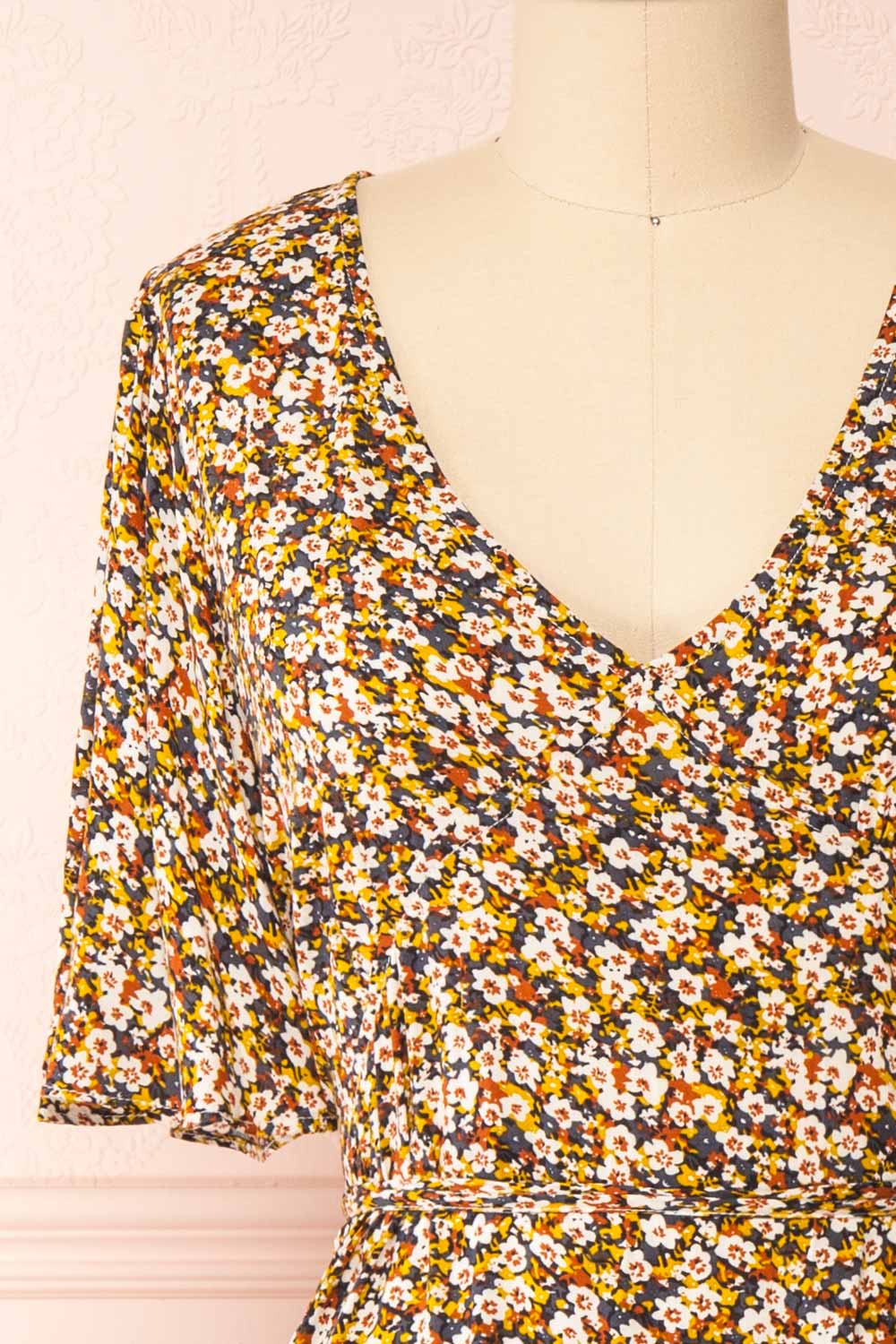 Melanie V-Neck Floral Midi Dress w/ Short Sleeves | Boutique 1861 front close-up