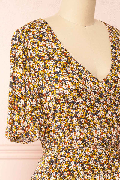 Melanie V-Neck Floral Midi Dress w/ Short Sleeves | Boutique 1861 side close-up