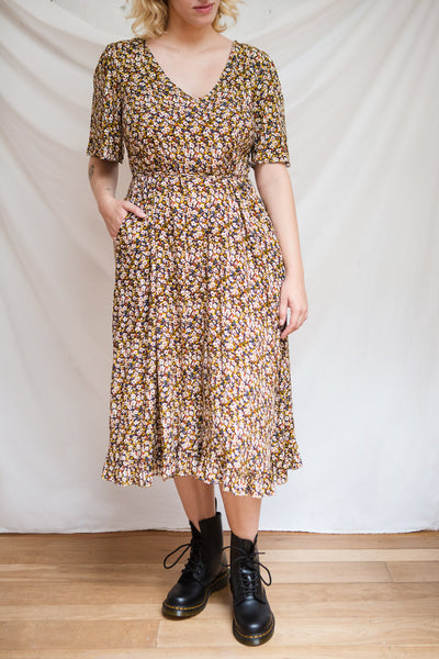 Melanie V-Neck Floral Midi Dress w/ Short Sleeves | Boutique 1861 model