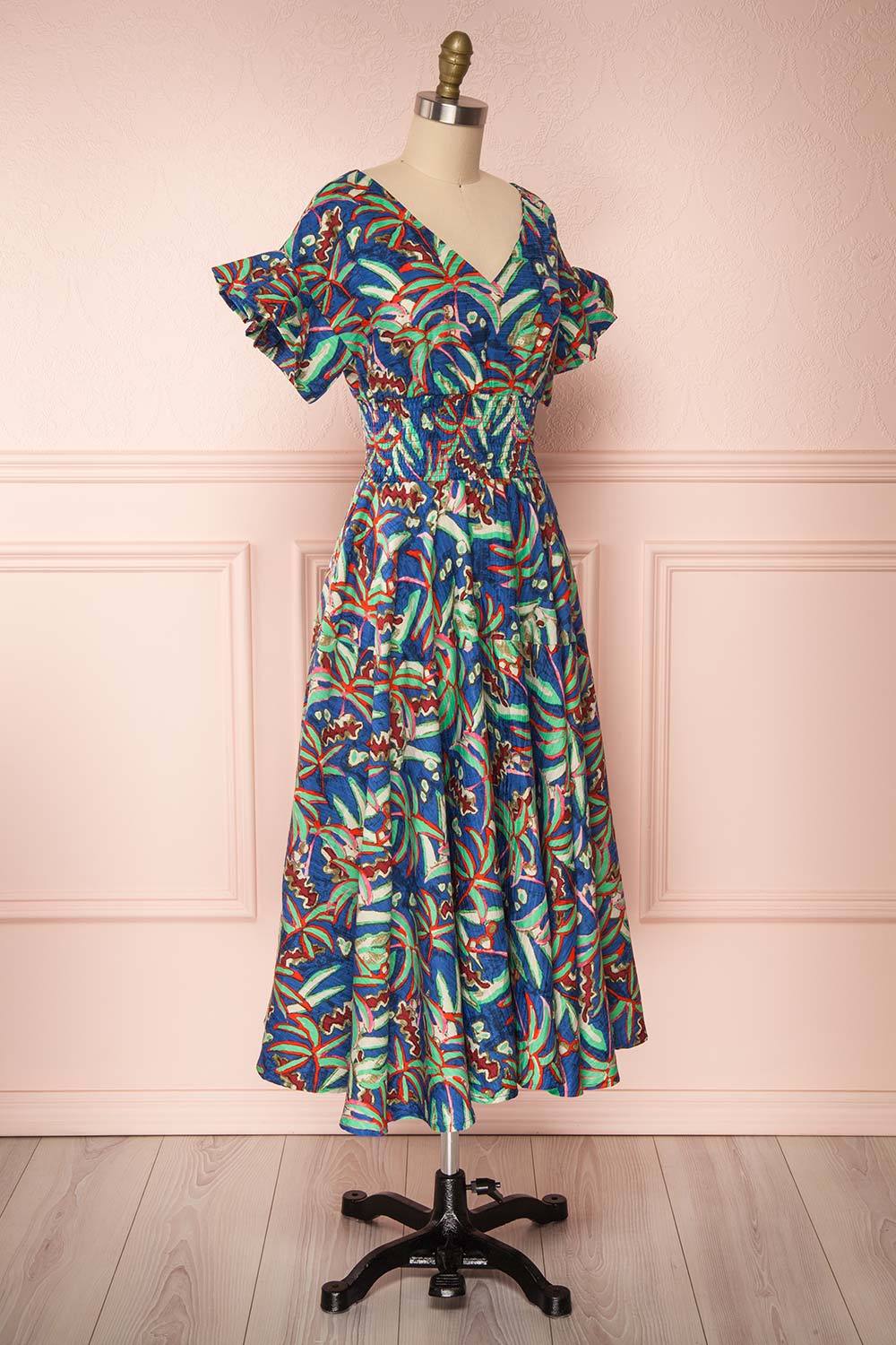 Meline Blue Colored Pattern A-Line Midi Dress side view | Boutique 1861