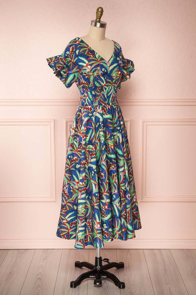 Meline Blue Colored Pattern A-Line Midi Dress side view | Boutique 1861