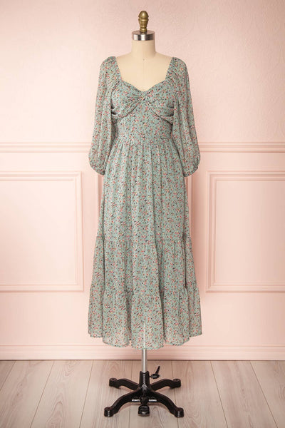 Meliora Green-Blue Floral Layered Dress | La petite garçonne front view