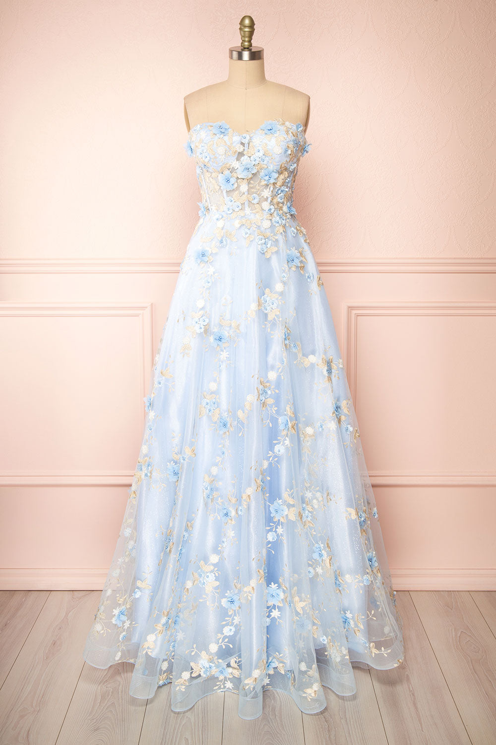 Menina Blue Maxi Gown w/ Floral Appliqué | Boudoir 1861 front view