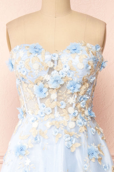 Menina Blue Maxi Gown w/ Floral Appliqué | Boudoir 1861 front close-up