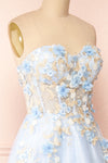 Menina Blue Maxi Gown w/ Floral Appliqué | Boudoir 1861 side close-up