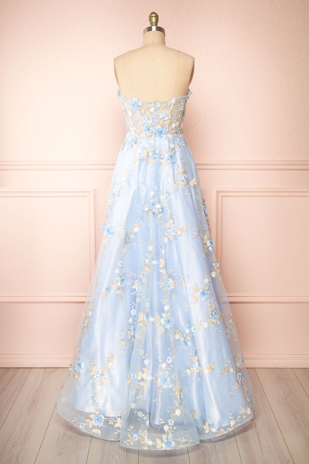 Menina Blue Maxi Gown w/ Floral Appliqué | Boudoir 1861 back view