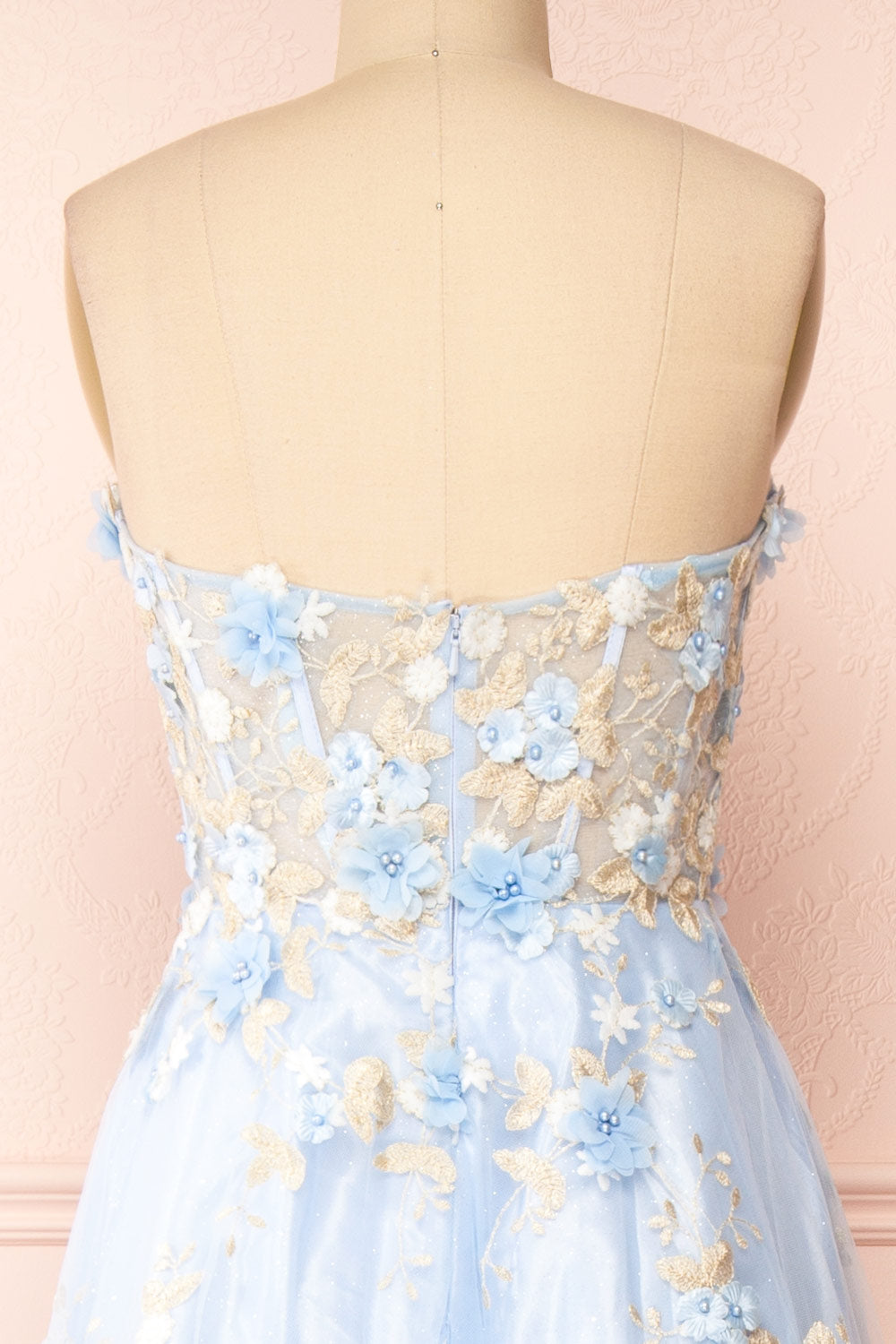 Menina Blue Maxi Gown w/ Floral Appliqué | Boudoir 1861 back close-up