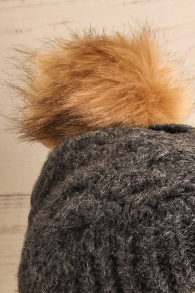 Meppel Gris Grey Knit Tuque with Faux-Fur Pompom close-up | La Petite Garçonne