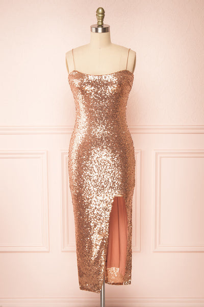 Mercedes Rosegold Fitted Sequin Midi Dress | Boutique 1861 front view