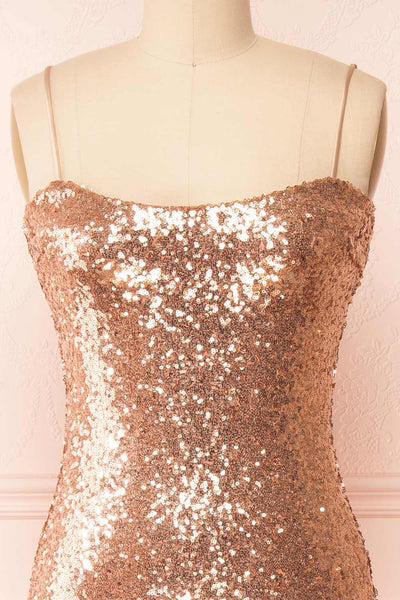 Mercedes Rosegold Fitted Sequin Midi Dress | Boutique 1861 front close-up