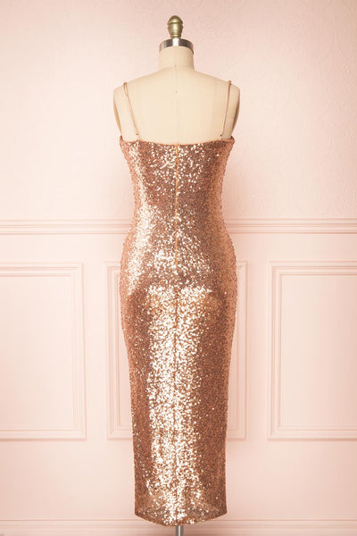 Mercedes Rosegold Fitted Sequin Midi Dress | Boutique 1861 back view