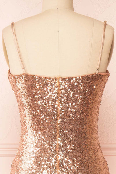 Mercedes Rosegold Fitted Sequin Midi Dress | Boutique 1861 back close-up