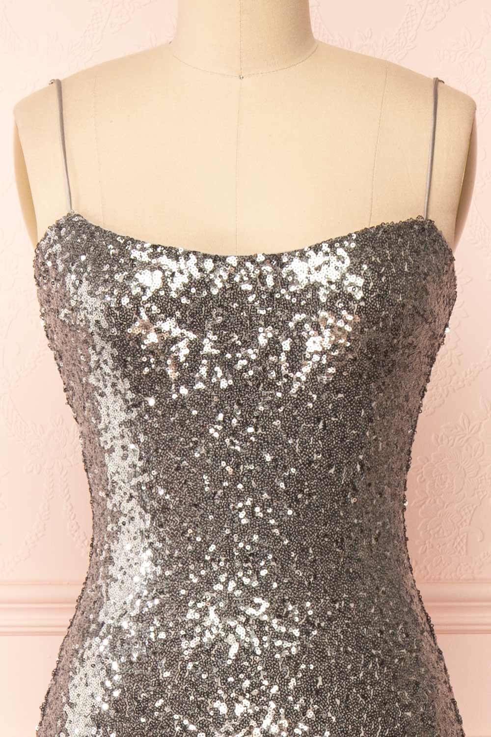 Mercedes Silver Fitted Sequin Midi Dress | Boutique 1861 front close-up
