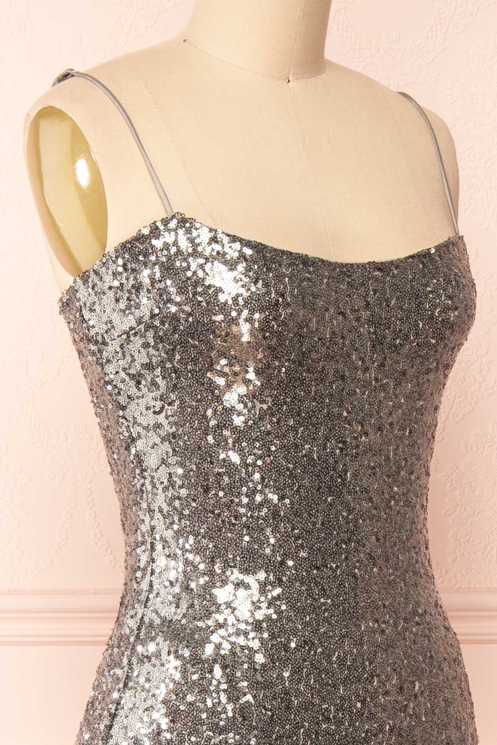 Mercedes Silver Fitted Sequin Midi Dress | Boutique 1861 side close-up