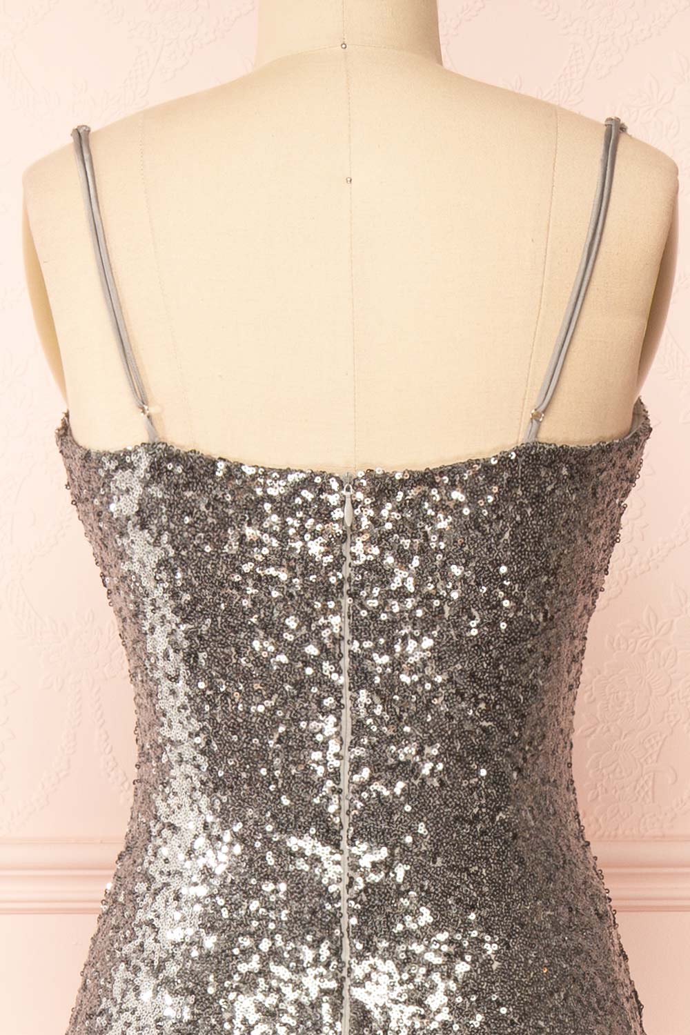 Mercedes Silver Fitted Sequin Midi Dress | Boutique 1861 back close-up