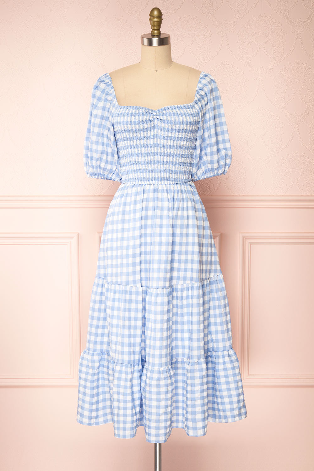 Meredith 3/4 Puff Sleeve Gingham Midi Dress | Boutique 1861