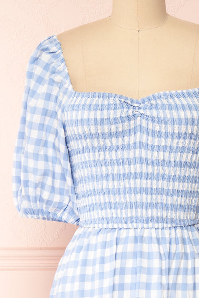 Meredith 3/4 Puff Sleeve Gingham Midi Dress | Boutique 1861 front close-up