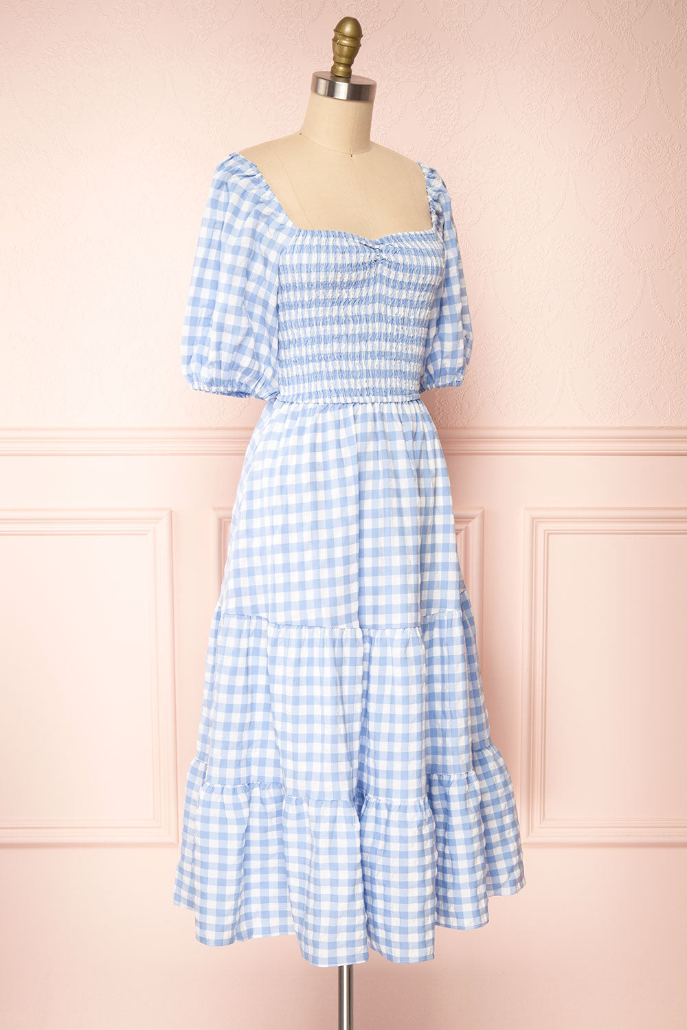 Meredith 3/4 Puff Sleeve Gingham Midi Dress | Boutique 1861 side view 