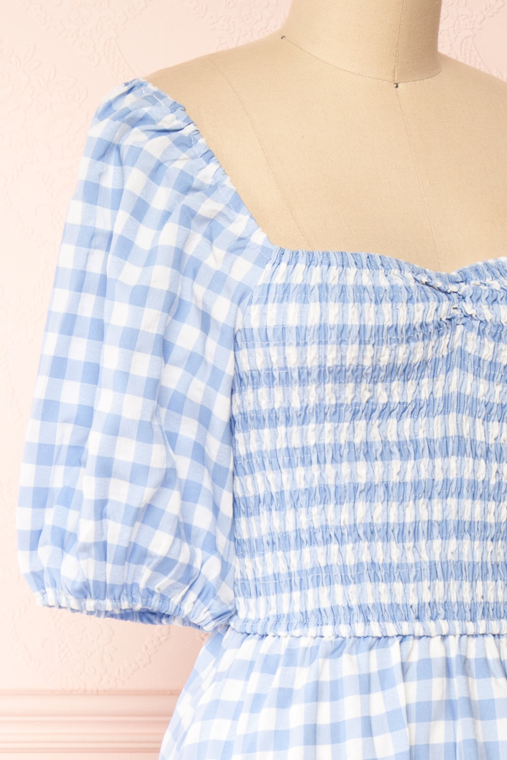 Meredith 3/4 Puff Sleeve Gingham Midi Dress | Boutique 1861 side close-up