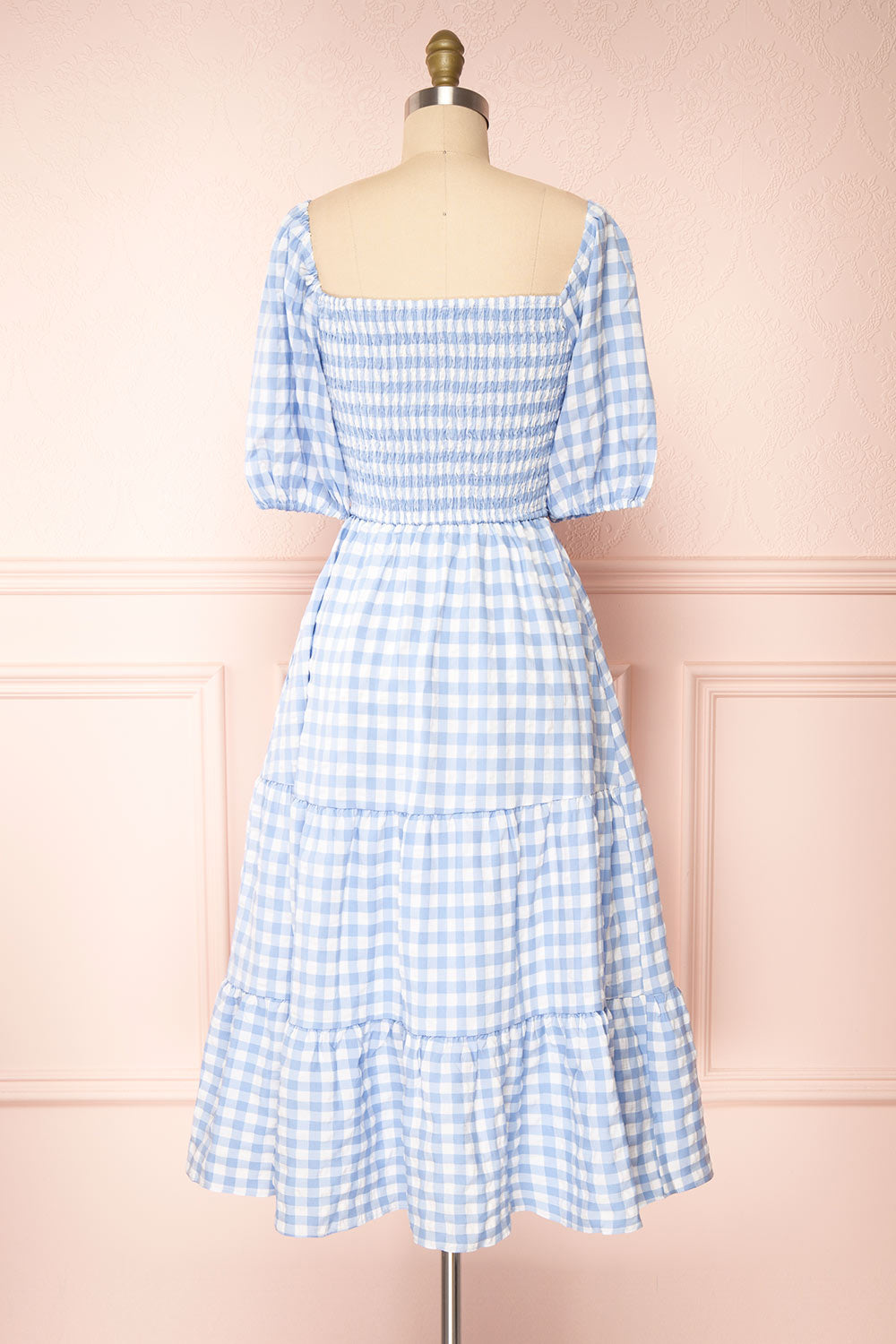 Meredith 3/4 Puff Sleeve Gingham Midi Dress | Boutique 1861 back view 