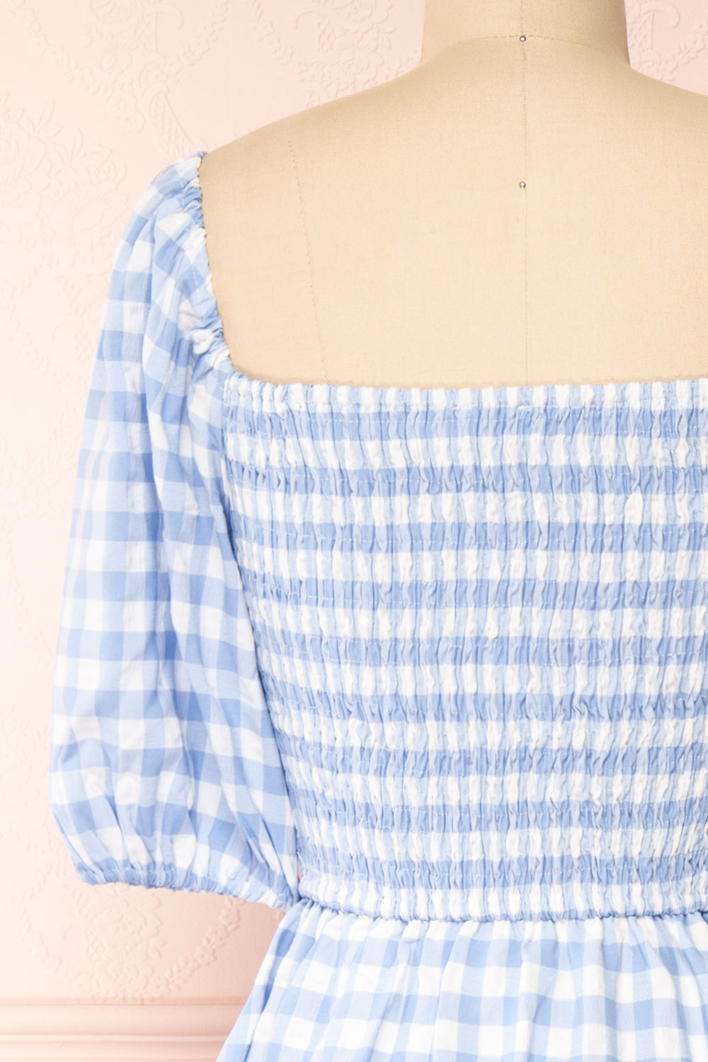 Meredith 3/4 Puff Sleeve Gingham Midi Dress | Boutique 1861 back close-up
