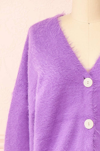 Merrow Lavender Fuzzy V-Neck Cardigan | Boutique 1861 front close-up