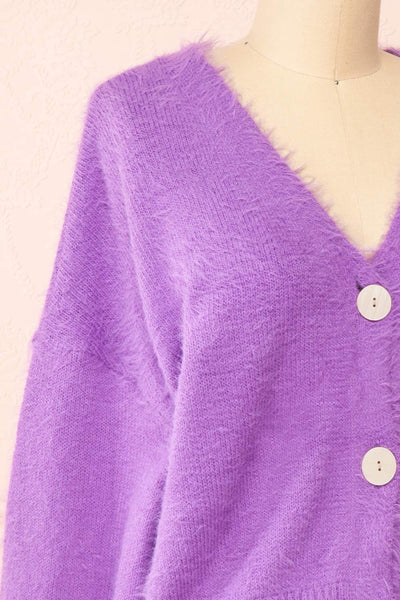 Merrow Lavender Fuzzy V-Neck Cardigan | Boutique 1861 side close-up