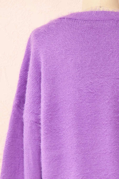 Merrow Lavender Fuzzy V-Neck Cardigan | Boutique 1861 back close-up