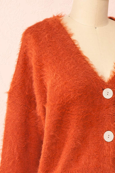Merrow Rust Fuzzy V-Neck Cardigan | Boutique 1861 side close-up